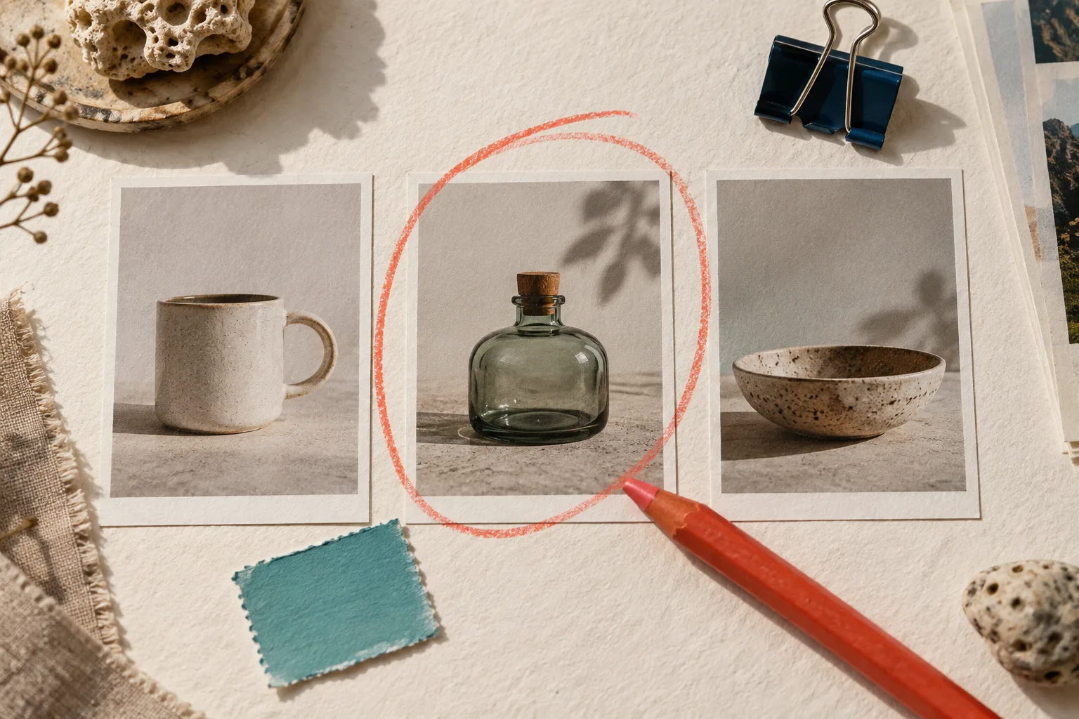 Sélection de trois photos produit pour un test