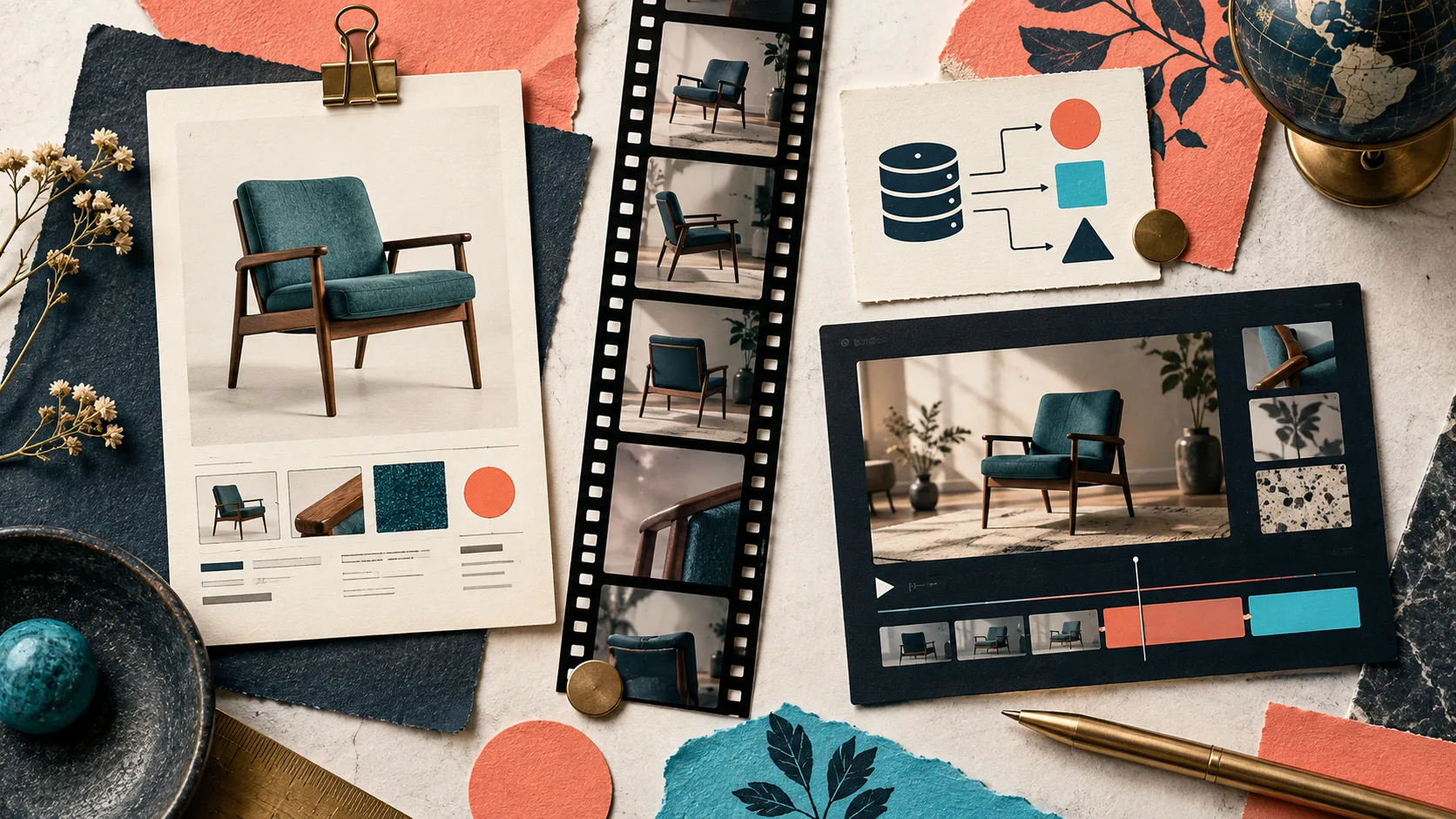 Un catalogue, une pellicule et des elements modulaires reunis en plan video