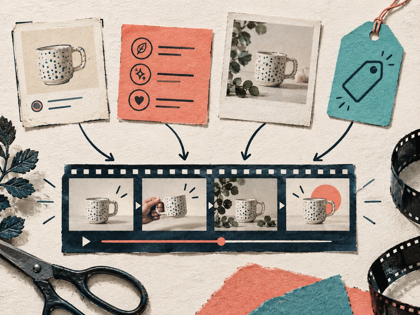 Fiche produit, image et elements de vente se rejoignant dans une sequence video planifiee