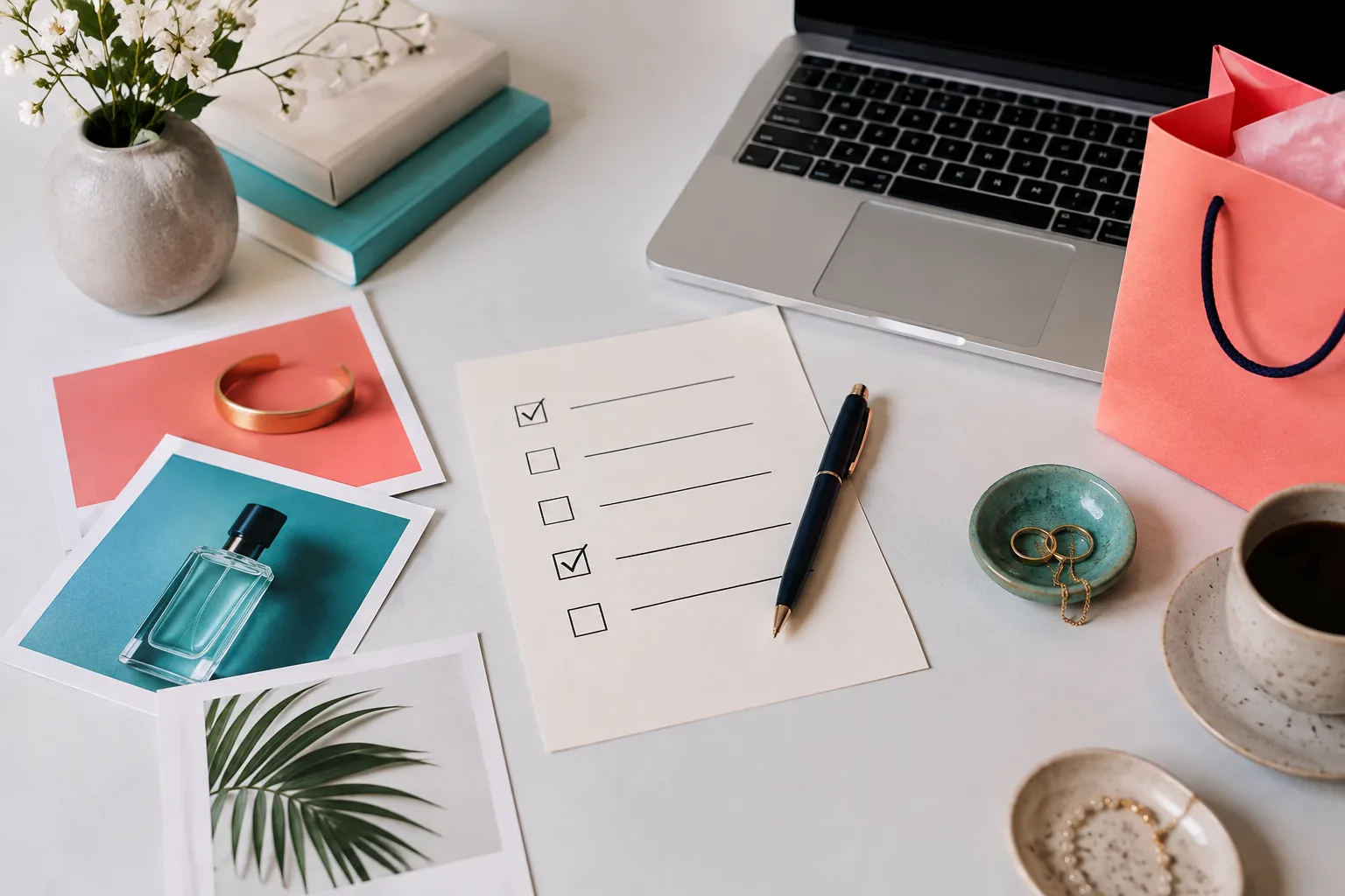 Checklist de publication a cote de tirages de photos produit et d'un petit colis