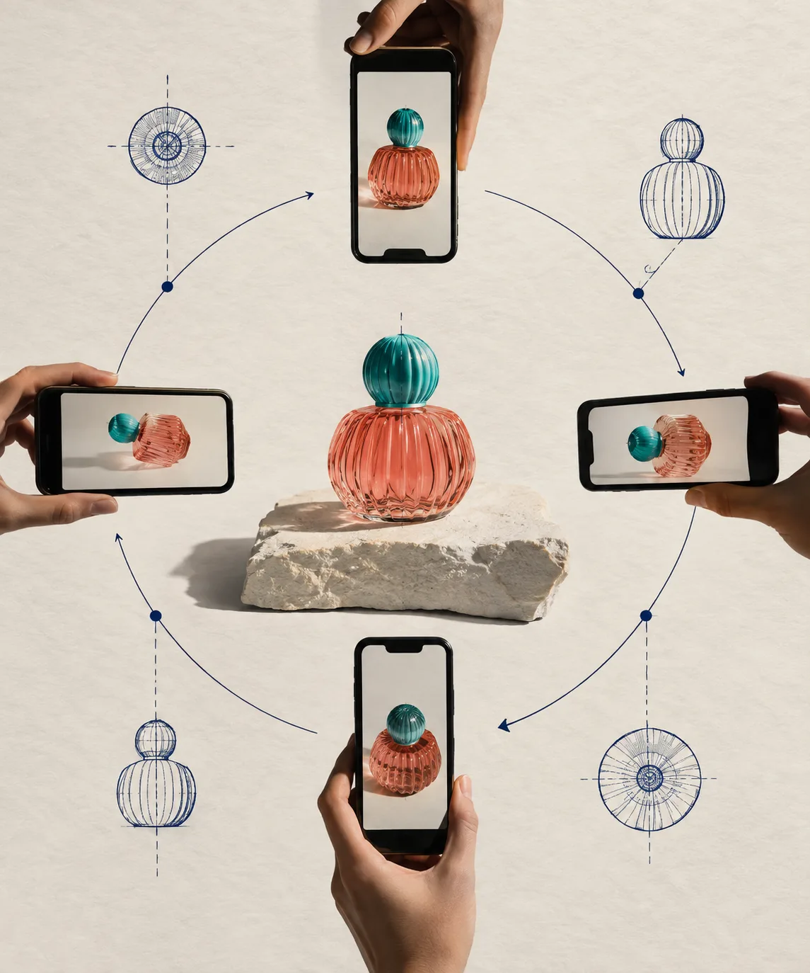 Telephone photographiant un produit sous plusieurs angles autour d'une orbite guidee