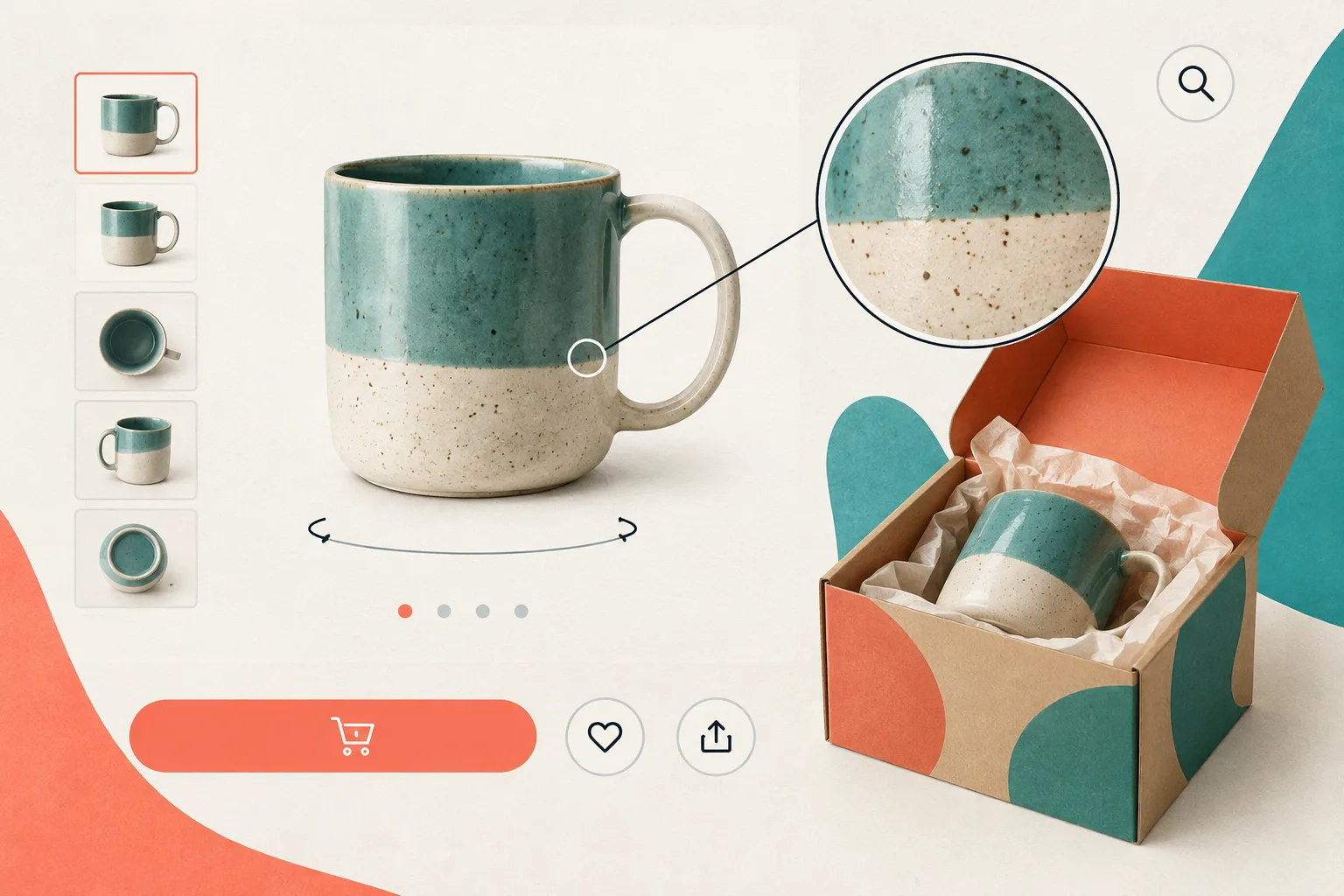 Fiche produit Shopify avec modele tournable et loupe d'inspection client