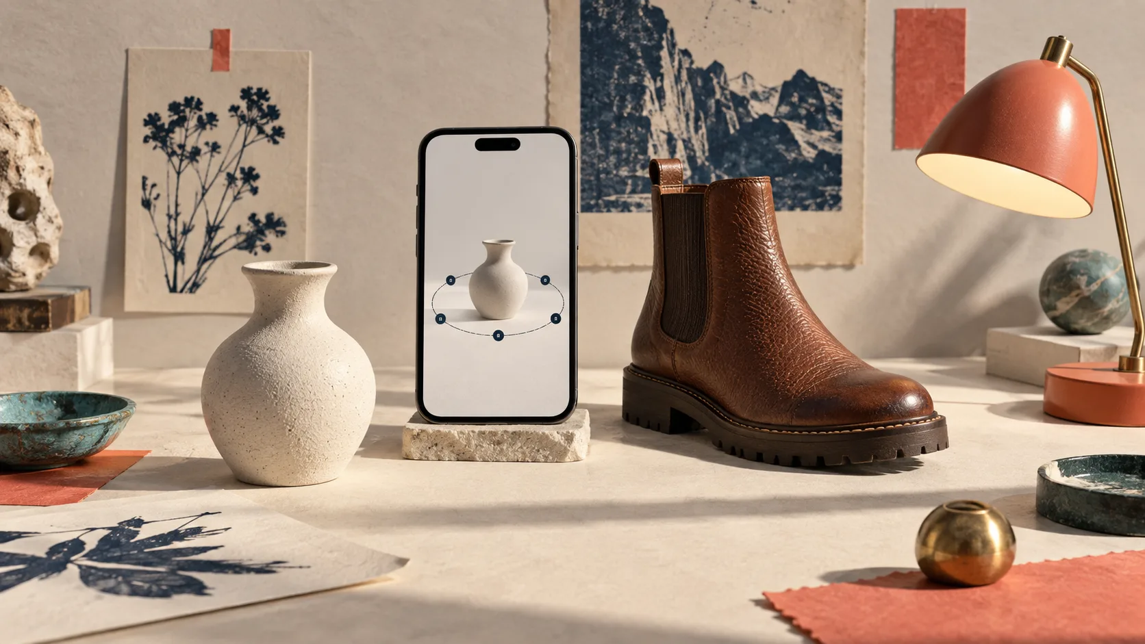 Objets ecommerce et telephone prets pour une capture 3D