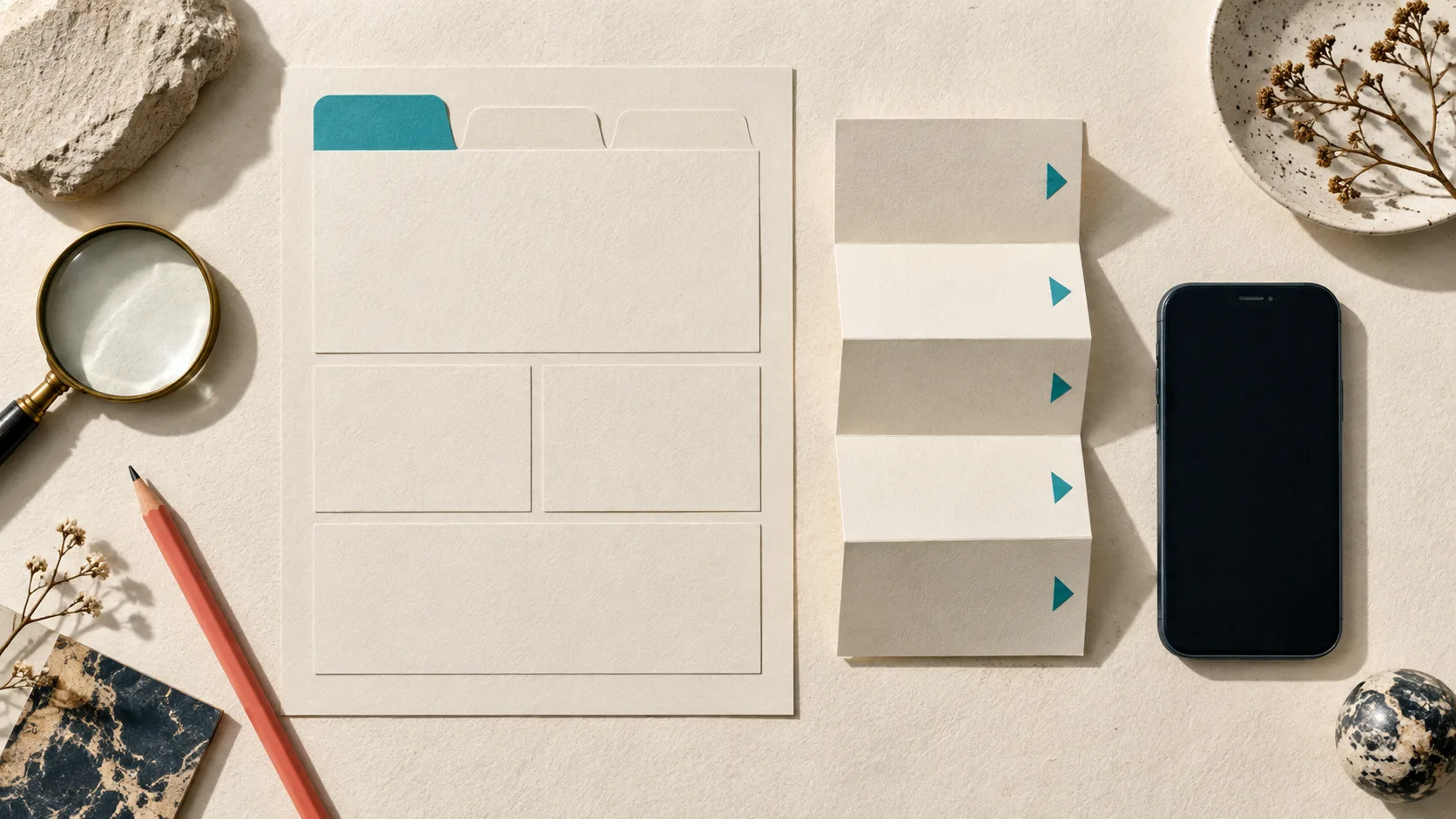 Composition éditoriale de fiches produit organisées pour mobile