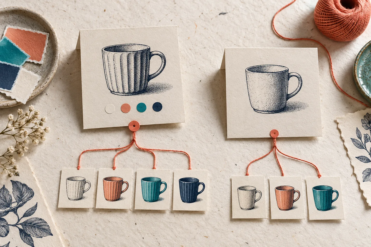 Cartes produit reliees par des nuanciers pour choisir entre variantes et produits lies