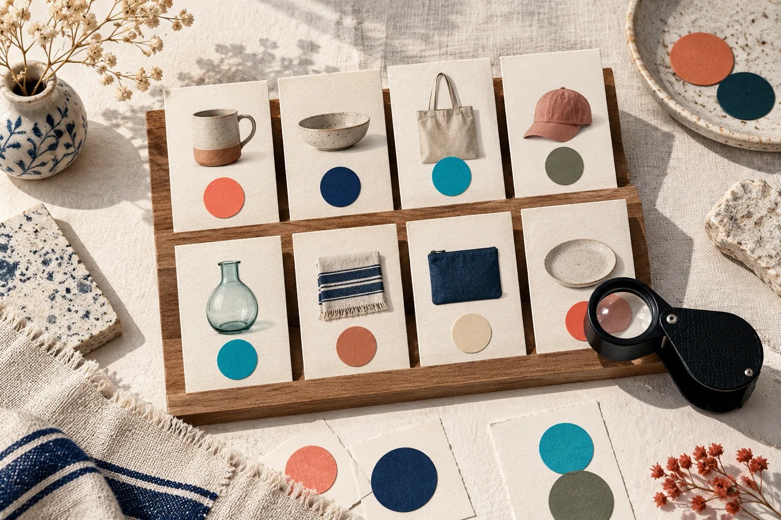 Grille de produits et pastilles couleur inspectees avec une loupe