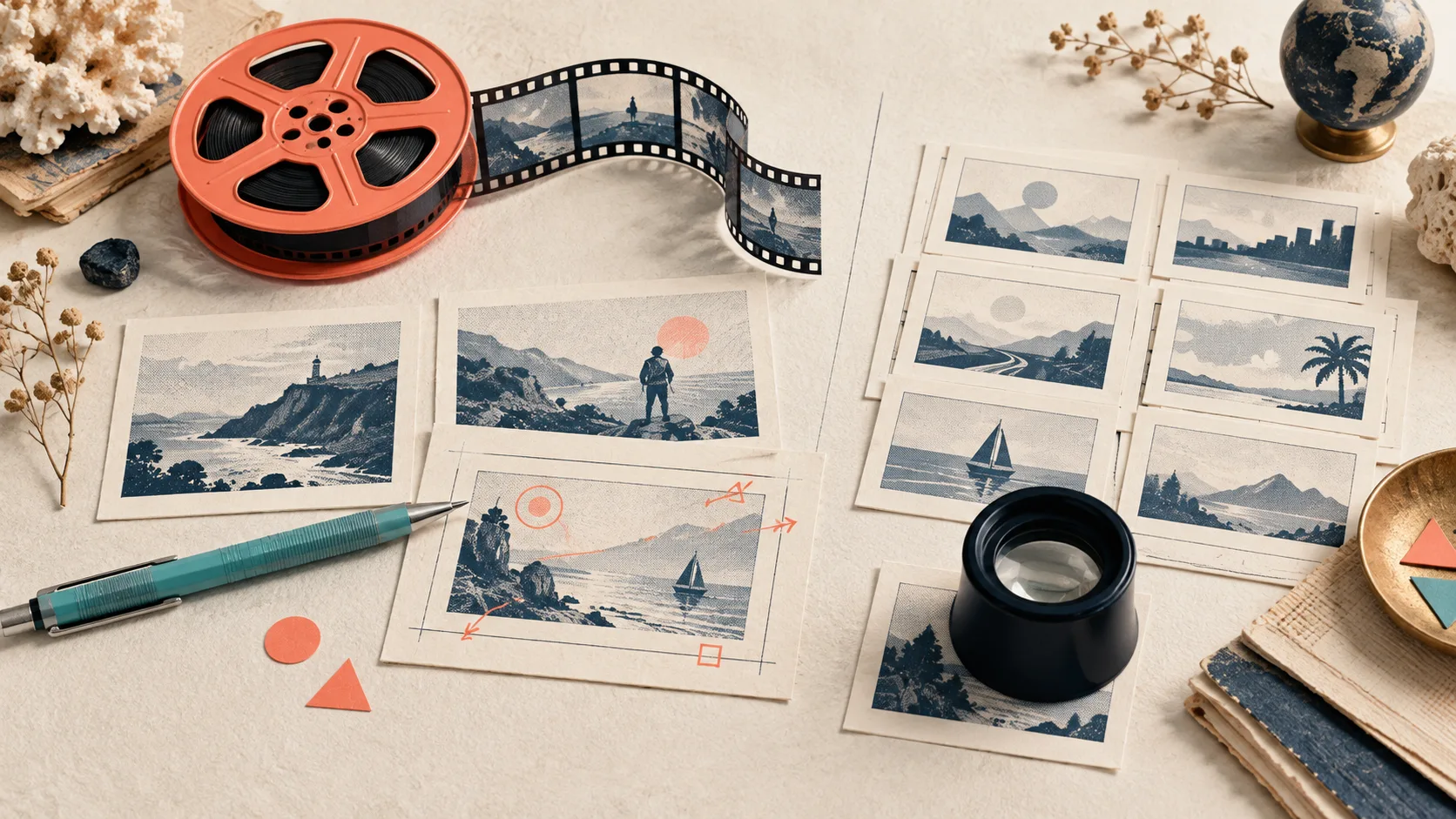 Cartes de storyboard et pellicule pour preparer une premiere version