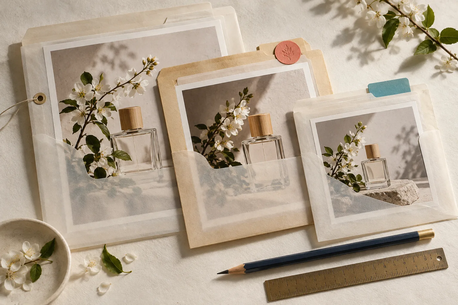 Variantes d une photo produit rangees dans des dossiers translucides