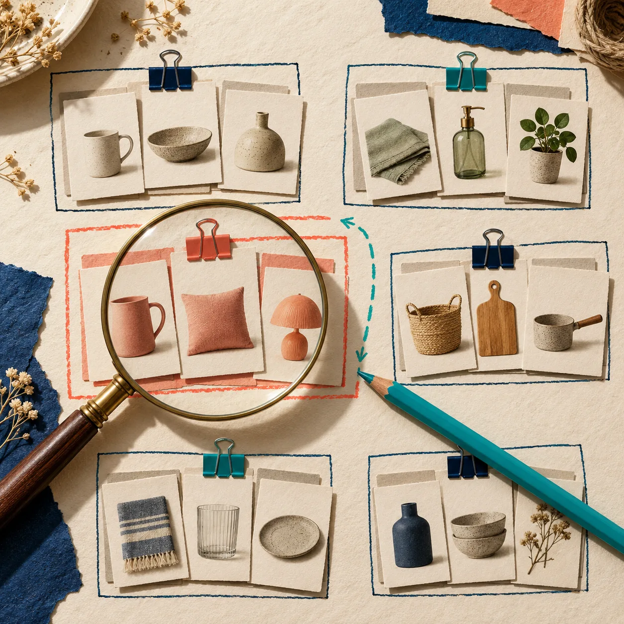 Groupes de produits sélectionnés sur un tableau papier pour un pilote catalogue