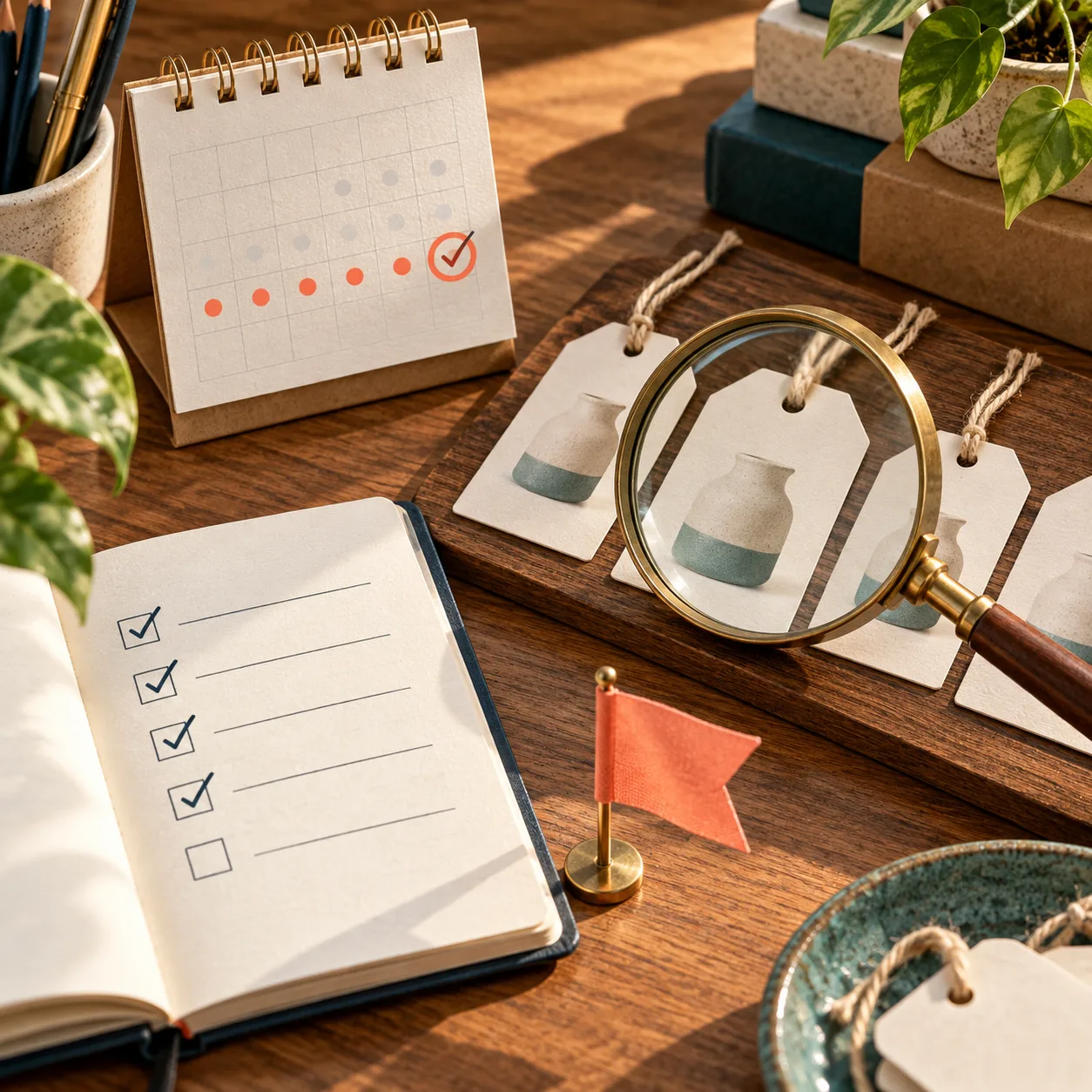 Calendrier, loupe et étiquettes pour vérifier une mise à jour catalogue après exécution